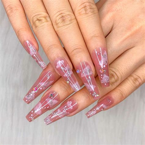 Amazon Artquee 24pcs Nude Pink Clear Clouds Ballerina Diamond Long Glossy Coffin Fake Nails