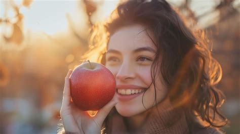 Premium Photo A Woman Smiling While Holding An Apple