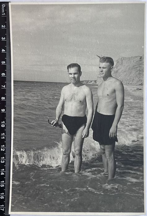 Two Shirtless Guys Trunks Bulge Muscle Affectionate Men Gay Interest Old Photo EBay