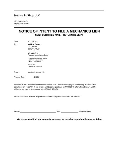 NOTICE OF INTENT TO FILE A MECHANICS LIEN | DVGA