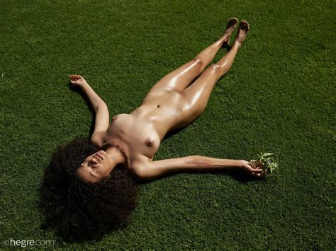 Naughty Ebony Chick Teti Posing Naked On A Grass Photos