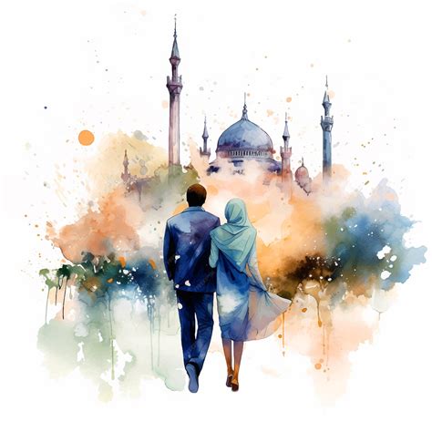 Мусульманская пара идет к мечети акварельной краской | Премиум векторы