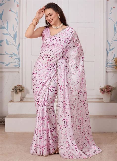Pink Color Digital Print Georgette Satin Trendy Saree