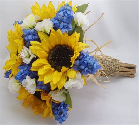 Sunflower Bouquet With Blue Hyacinth Silk Flowers With Burlap Etsy