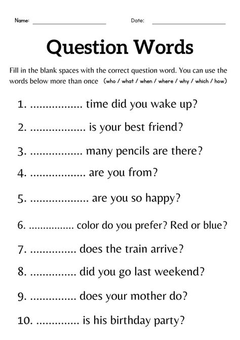 Question Words Worksheet For Grade 1 Or 2 Wh Questions Exercises For