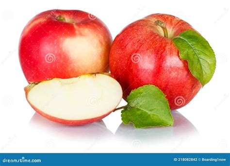 Apples Fruits Red Apple Fruit With Leaves Isolated On A White