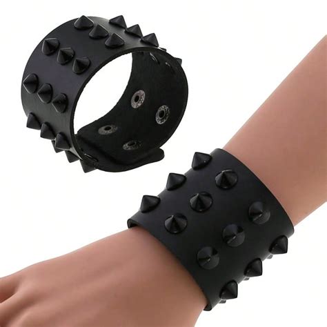 1 Pulsera Ancha De Cuero Estilo Punk Rock Con Tres Filas De Tachuelas Y