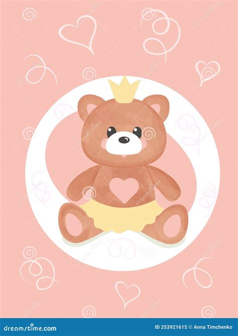 Cartoon Cute Watercolor Teddy Bear Toy With A Crown On A Pink