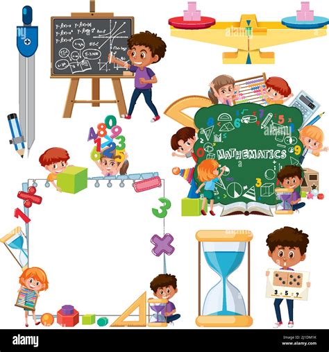 Math Classroom Objects With Supplies And Students Illustration Stock