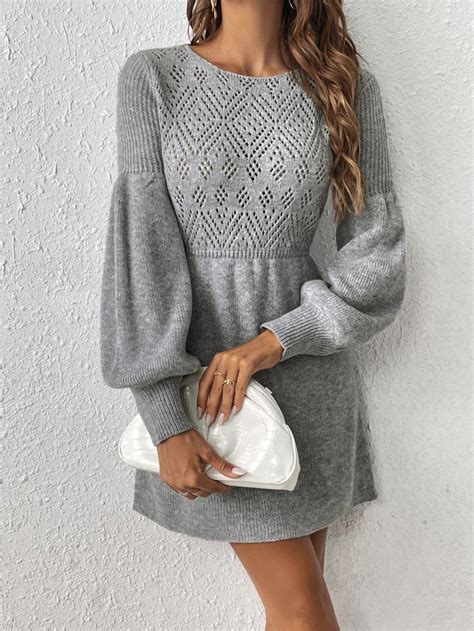 SHEIN Frenchy Lantern Sleeve Pointelle Knit Sweater Dress SHEIN USA