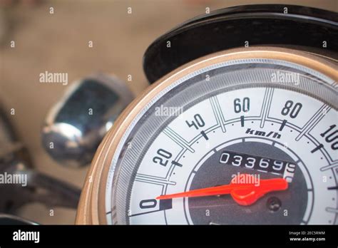 Speedometer on motorcycle dashboard. Round speedometer with red arrow ...
