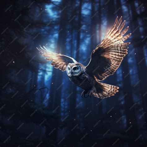 Premium Photo A Glowing Owl Flying At Night Over The Forest