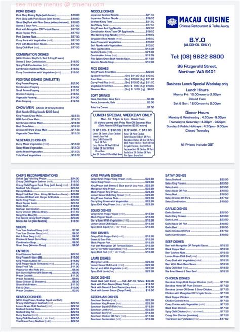 menu  macau cuisine restaurant northam