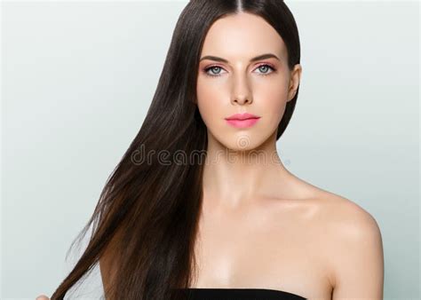 Beautiful Brunette With Long Hair And Pink Lipstick And Manicure Stock Image Image Of Nails