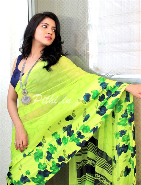 Light Green Georgette Saree With Floral Print Designer Pithi