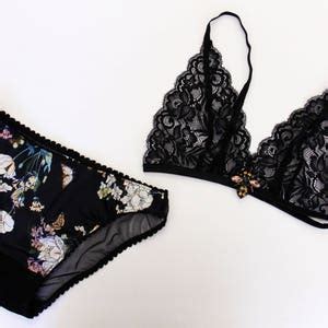 Lace Bralette Lingerie Set Floral Panties Triangle Bra Bees Black Bralette Bikini Panties