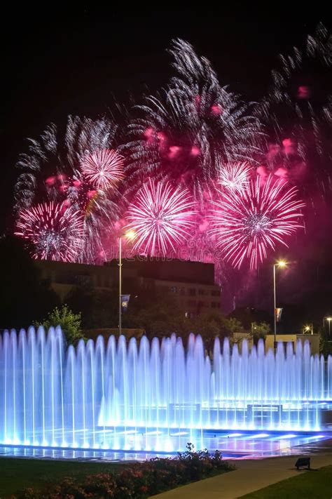 Fireworks Above Water Fountain Stock Image - Image of celebration ...