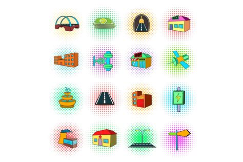 Urban Infrastructure Icons Set Pop Art Style Illustrations