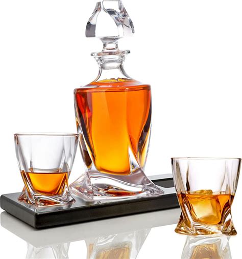 Bezrat Whiskey Glasses And Liquor Decanter Set 2 Crystal Bourbon Glasses With