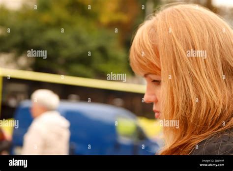 Defocus Closeup Blonde Woman Urban Citizen Concept Side View Of Blonde Woman Crossing Street
