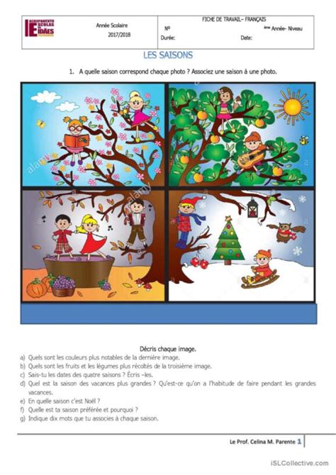 Saisons Fran Ais Fle Fiches Pedagogiques Pdf Doc