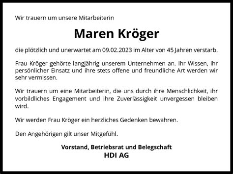 Traueranzeigen Von Maren Kr Ger Trauer Anzeigen De