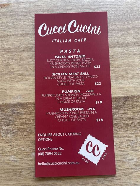 Menu at Cucci Cucini Cafe, Unley