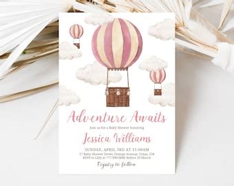 Adventure Awaits Baby Shower Invitation Pink Hot Air Balloon Baby Shower Invitation Girl