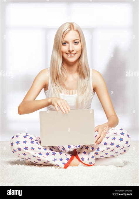 Blonde Woman With Laptop Stock Photo Alamy