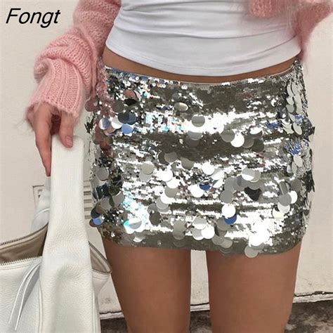 Fongt Women Mini Skirts Sexy Hot Girl Sequined Light Reflecting Short Type Sheath Skirt