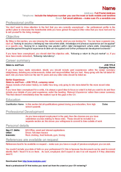 Doc Unemployed Cv Template