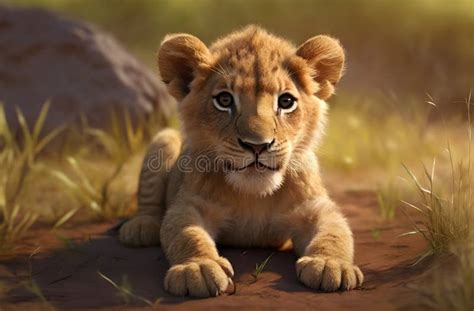 A Lion Cub Resting In The Plain Savanna Ai Generated Stock