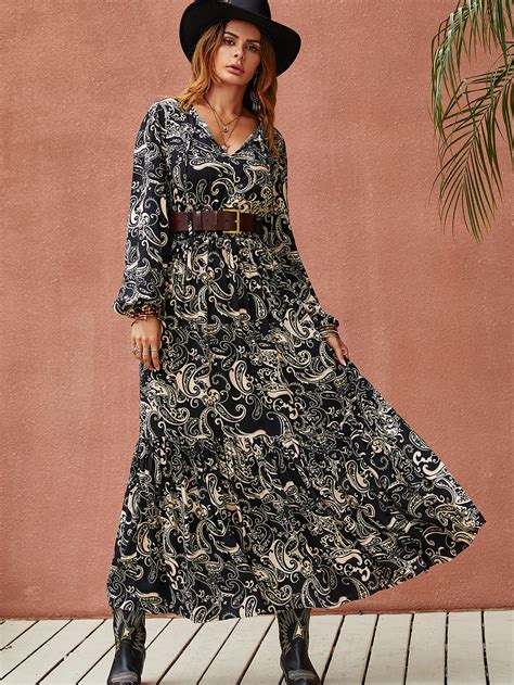 Rusttydustty Paisley Print Shirred Waist Ruffle Hem Dress Without Belt