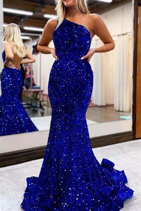 Royal Blue Mermaid Prom Dress One Shoulder With Sequins Ballbellas