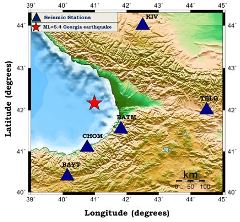 Map of the coast of Georgia earthquake and recorded seismic stations ...