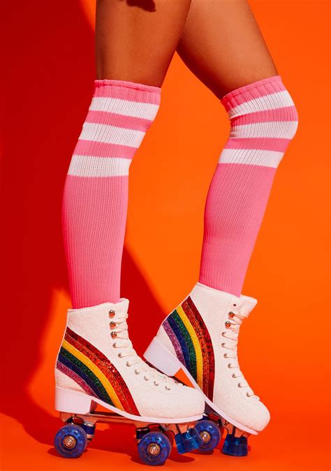 Club Exx Glitter Roller Skates - White/Rainbow | Dolls Kill