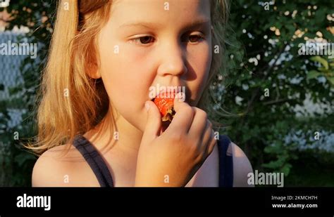 Portrait Beautiful Blonde Teenage Girl Bites Off A Strawberry In Her Hands The Stock Video