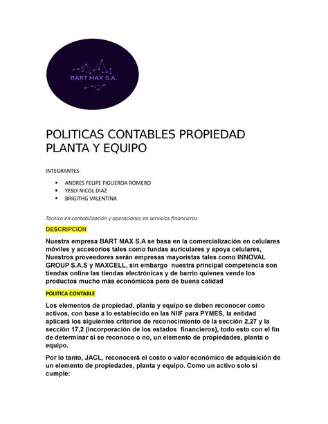 Politicas Contables Propiedad Planta Y Equipo Area Tecnica Sena