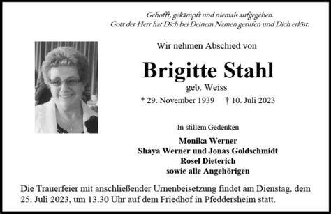 Traueranzeigen Von Brigitte Stahl Vrm Trauer De