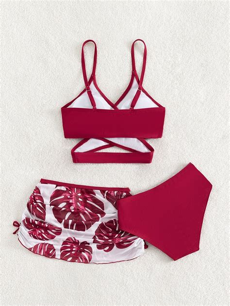 Conjunto De Bikini De Envoltura Con Estampado Tropical Y Falda De Playa Para Ni A Preadolescente