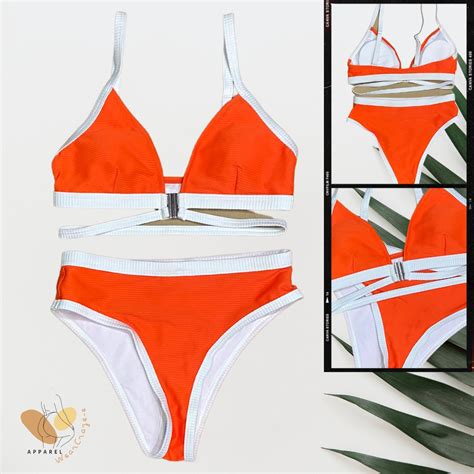 Two Piece Orange And White Bikini Swimsuit Buckle Lock Shopee Philippines