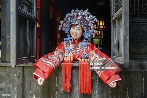 Easten Chinese Bride Beauty In Traditional Wedding Clothes Stock Photo