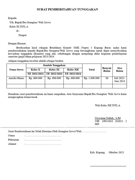 surat pemberitahuan tunggakan