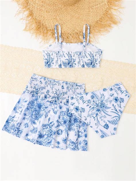 Shein Conjunto De Mai Bikini Estampado De Flores Tr S Pe As Para Menina Pr Adolescente