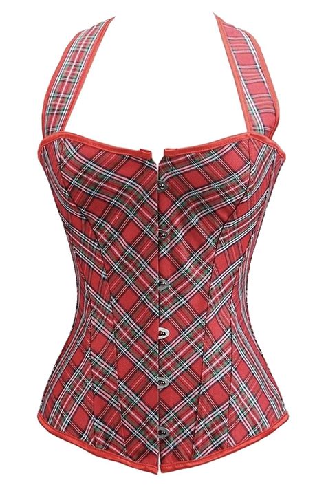 Atomic Red Plaid Halter Overbust Corset Overbust Corset Fashion