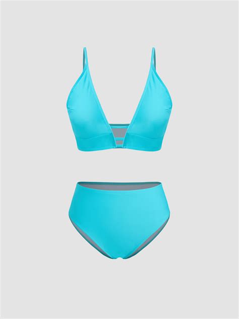 Tummy Control V Neck Solid Bracelet Cheeky Bikini Set Cider
