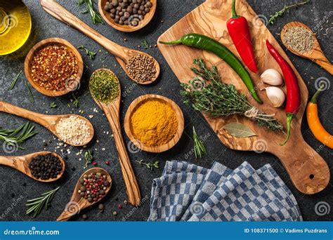 Cooking Table With Spices And Herbs Stock Photo Image Of Organic