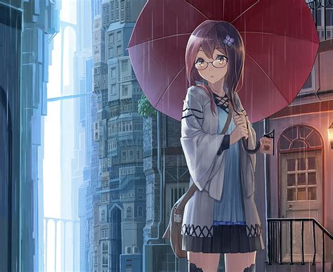 Hd Wallpaper Anime Girl Raining Meganekko Umbrella Brown Hair