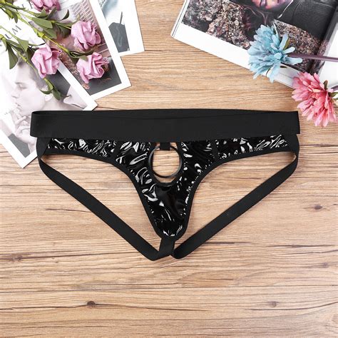 Mens Sexy Lingerie Faux Leather Open Back Panty Bikini Brief Underwear