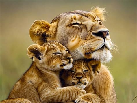 A Mother Lion And Her Cubs Sitting In The Grass Stock Image Image Of